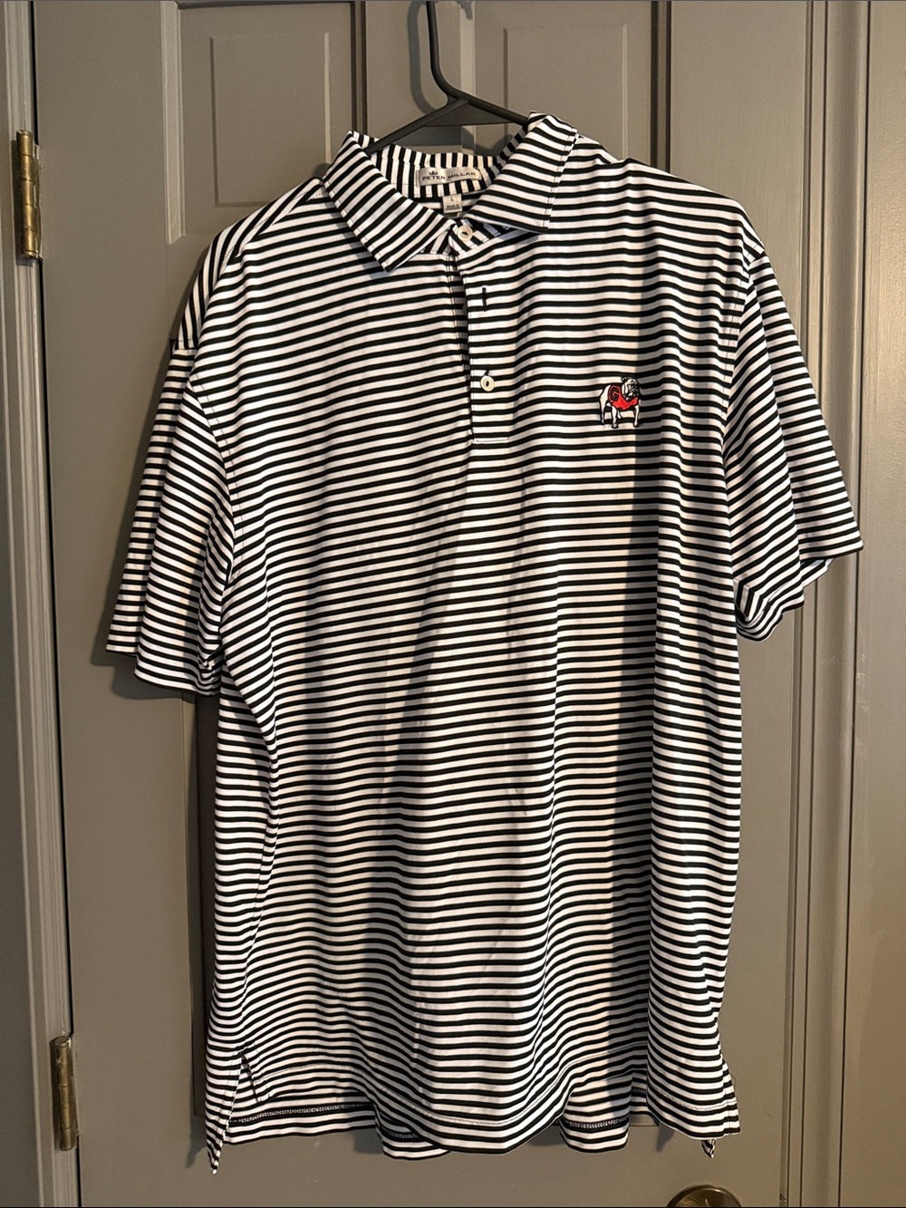 Peter Millar UGA Black and White Striped Polo with Embroidered Crest